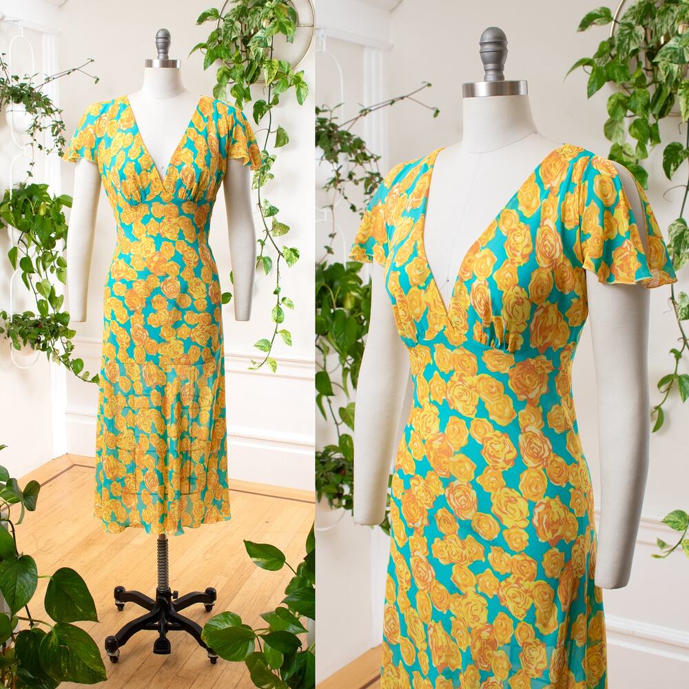 Vintage 90s Y2K BETSEY JOHNSON Rose Chiffon Bias Cut Blue Yellow Slip Dress